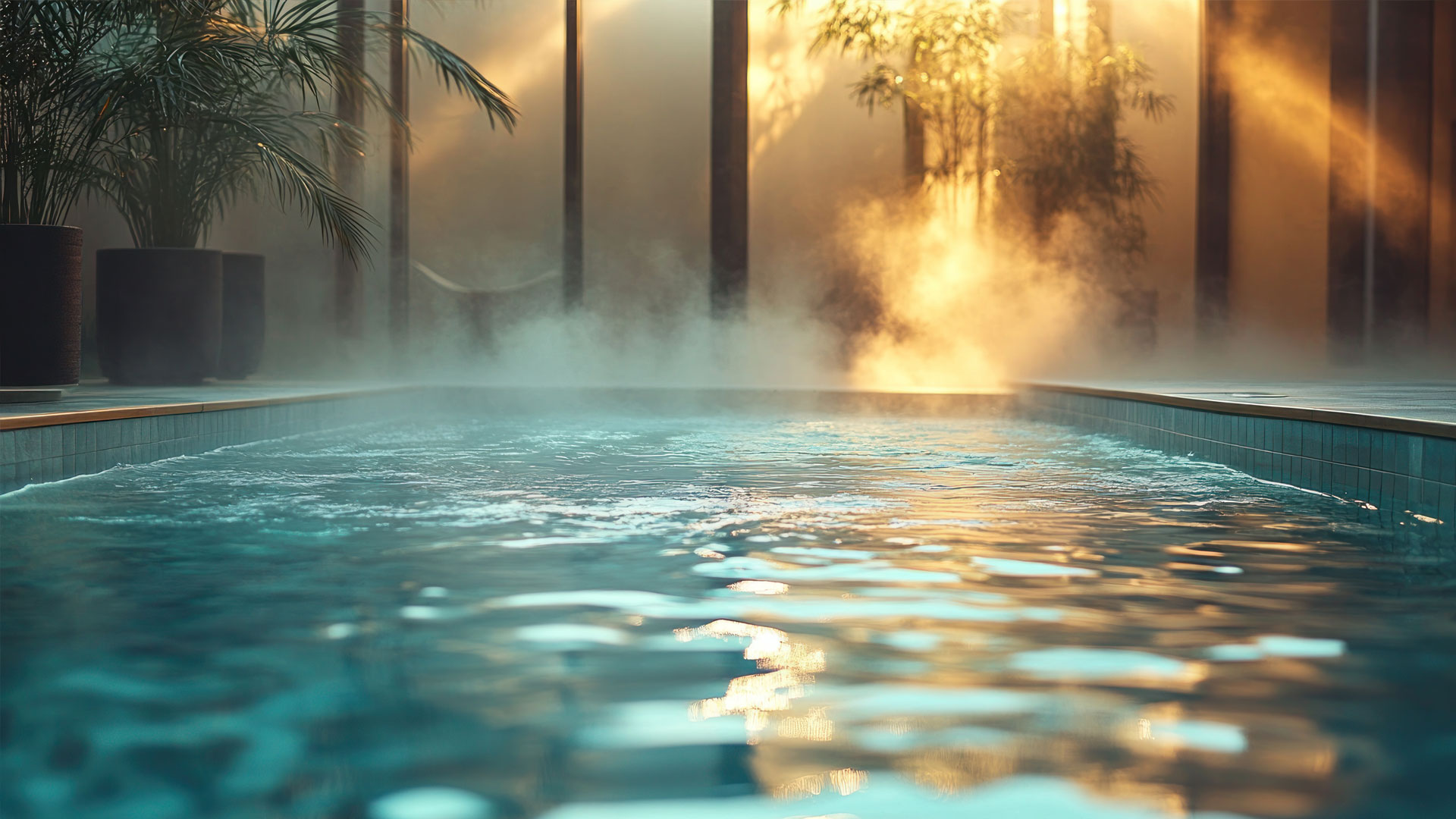 Heated pool with steam rising off the water surface